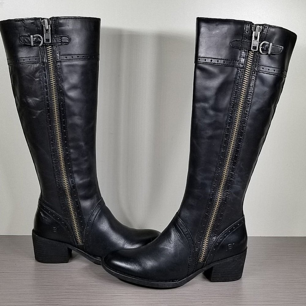 Born Poly Riding Boot, Black Leather Brogue Detailed, Womens Size 6.5